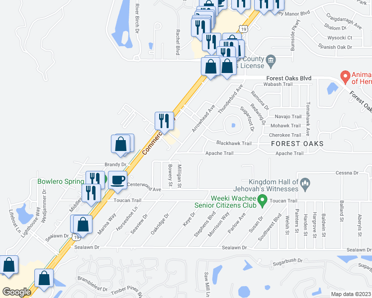 map of restaurants, bars, coffee shops, grocery stores, and more near 3441 Thunderbird Avenue in Spring Hill