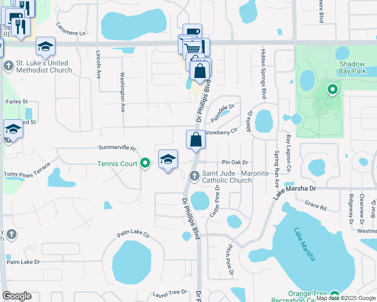 map of restaurants, bars, coffee shops, grocery stores, and more near 8001 Pin Oak Drive in Orlando