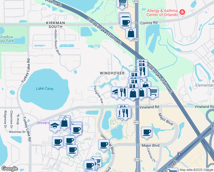 map of restaurants, bars, coffee shops, grocery stores, and more near 6061 Windhover Drive in Orlando