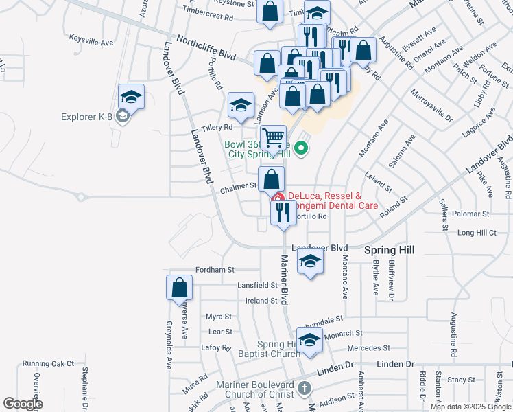 map of restaurants, bars, coffee shops, grocery stores, and more near 3535 Portillo Road in Spring Hill