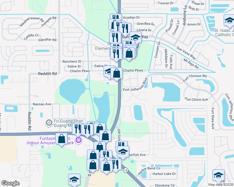 map of restaurants, bars, coffee shops, grocery stores, and more near 7513 Fort William Court in Orlando