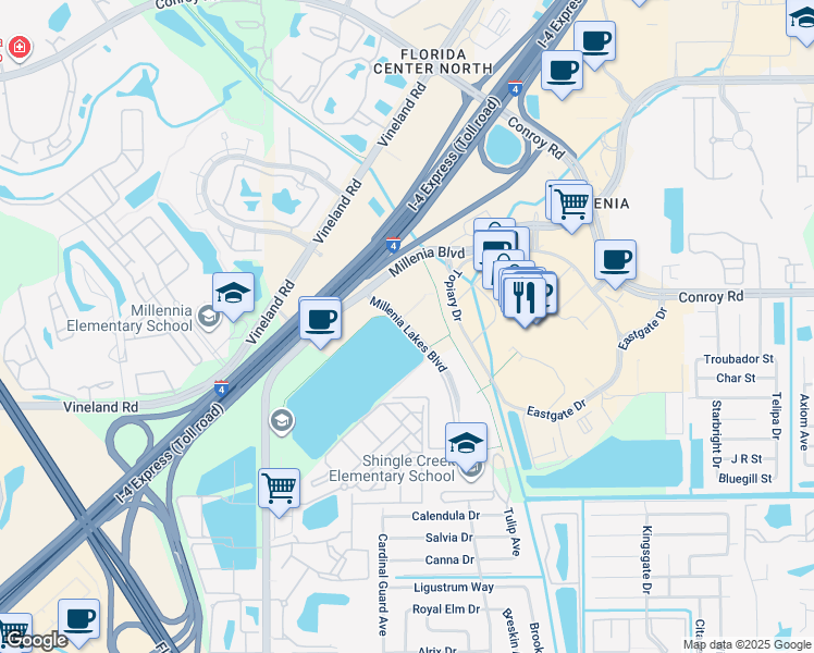 map of restaurants, bars, coffee shops, grocery stores, and more near 5337 Millenia Lakes Boulevard in Orlando