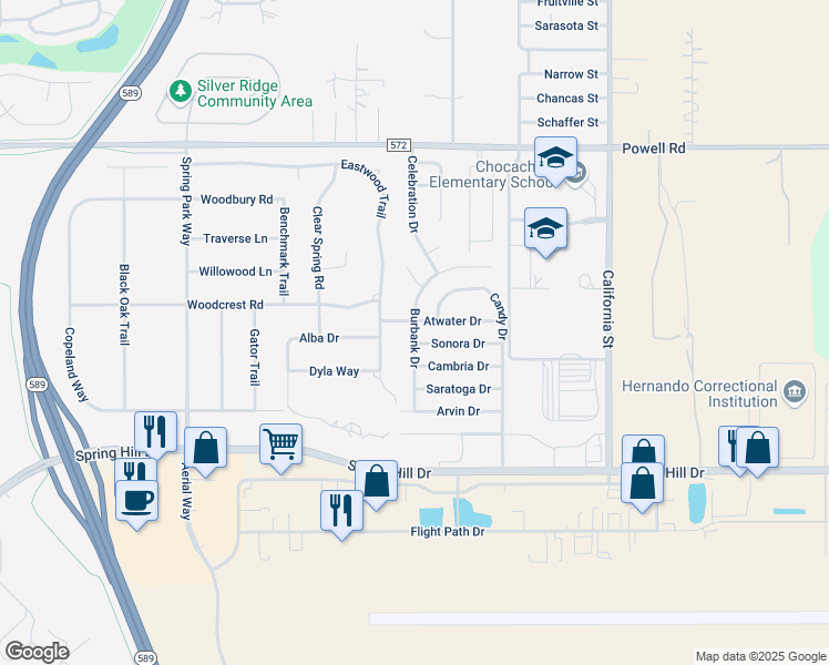 map of restaurants, bars, coffee shops, grocery stores, and more near 15330 Burbank Drive in Spring Hill