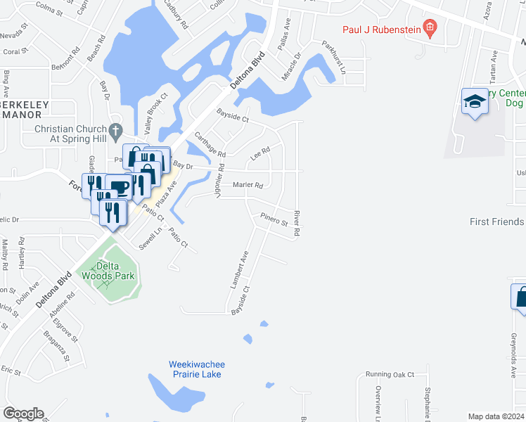 map of restaurants, bars, coffee shops, grocery stores, and more near 9317 Pinero Street in Spring Hill