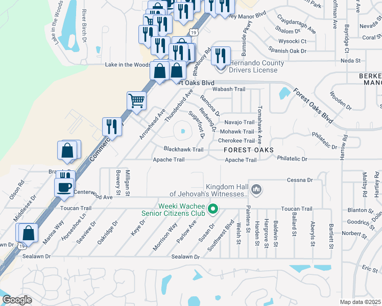 map of restaurants, bars, coffee shops, grocery stores, and more near 7346 Apache Trail in Spring Hill