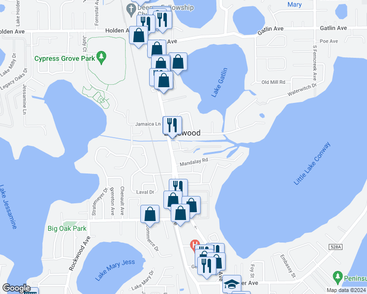 map of restaurants, bars, coffee shops, grocery stores, and more near 5199 South Magnolia Avenue in Orlando