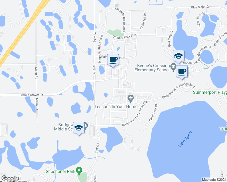 map of restaurants, bars, coffee shops, grocery stores, and more near 5820 Cypress Hill Road in Winter Garden