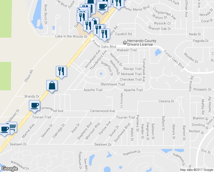 map of restaurants, bars, coffee shops, grocery stores, and more near 7360 Blackhawk Trail in Spring Hill