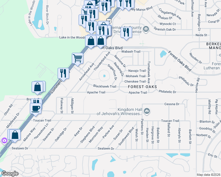 map of restaurants, bars, coffee shops, grocery stores, and more near 7360 Blackhawk Trail in Spring Hill