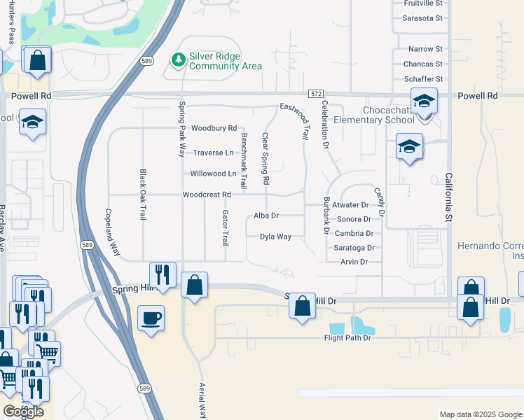 map of restaurants, bars, coffee shops, grocery stores, and more near 3443 Clear Spring Road in Spring Hill