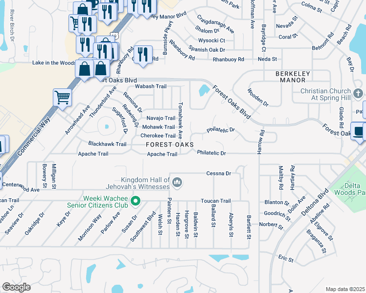 map of restaurants, bars, coffee shops, grocery stores, and more near 7476 Philatelic Drive in Spring Hill
