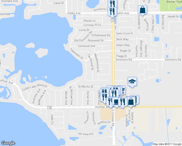 map of restaurants, bars, coffee shops, grocery stores, and more near 4420 Carolwood St in Orlando