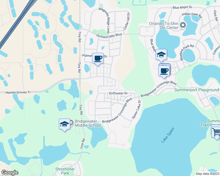 map of restaurants, bars, coffee shops, grocery stores, and more near 5821 Cypress Hill Road in Winter Garden