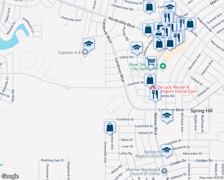 map of restaurants, bars, coffee shops, grocery stores, and more near 10324 Chalmer Street in Spring Hill