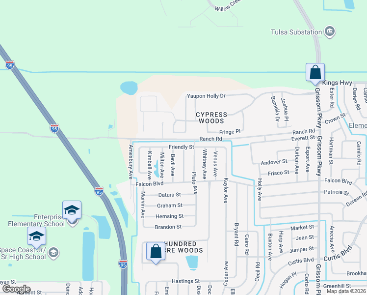 map of restaurants, bars, coffee shops, grocery stores, and more near 5601 Friendly Street in Cocoa