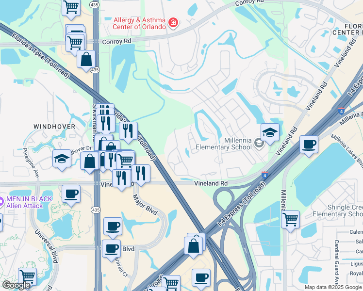 map of restaurants, bars, coffee shops, grocery stores, and more near 5459 Vineland Road in Orlando