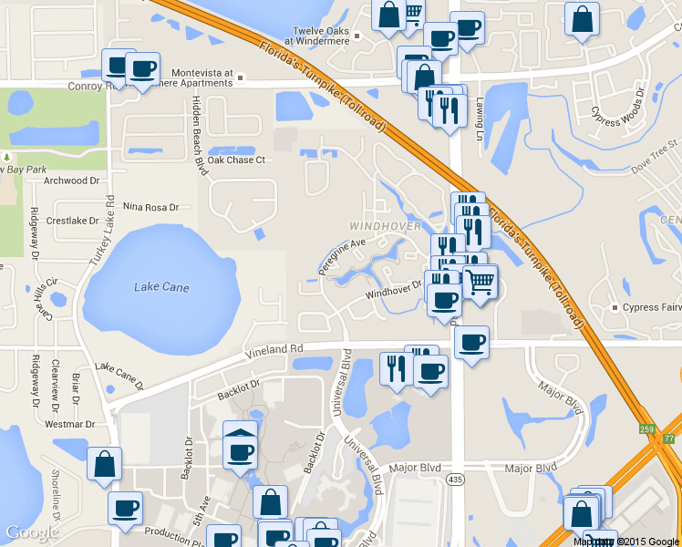 map of restaurants, bars, coffee shops, grocery stores, and more near 6090 Peregrine Avenue in Orlando