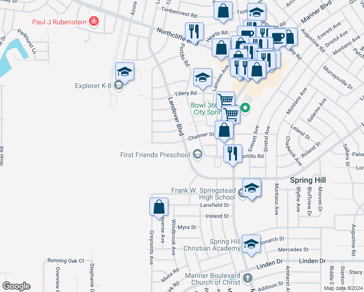 map of restaurants, bars, coffee shops, grocery stores, and more near 2883 Landover Boulevard in Spring Hill