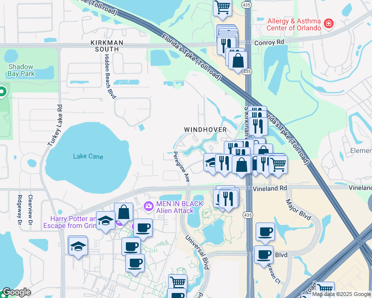 map of restaurants, bars, coffee shops, grocery stores, and more near 6090 Peregrine Avenue in Orlando