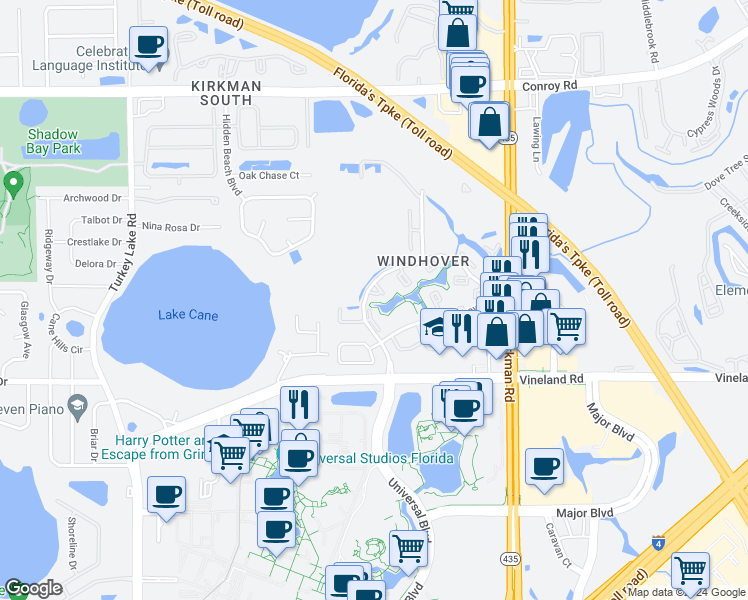 map of restaurants, bars, coffee shops, grocery stores, and more near 6090 Peregrine Avenue in Orlando
