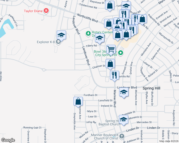 map of restaurants, bars, coffee shops, grocery stores, and more near 2883 Landover Boulevard in Spring Hill