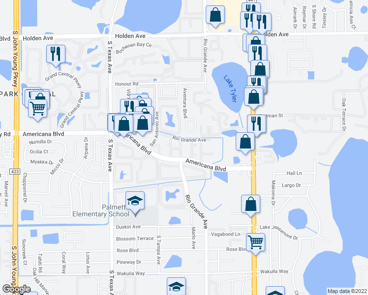 map of restaurants, bars, coffee shops, grocery stores, and more near 1989 Americana Boulevard in Orlando
