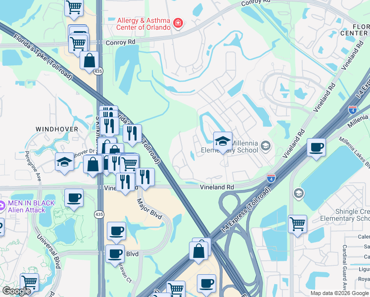 map of restaurants, bars, coffee shops, grocery stores, and more near 5459 Vineland Road in Orlando
