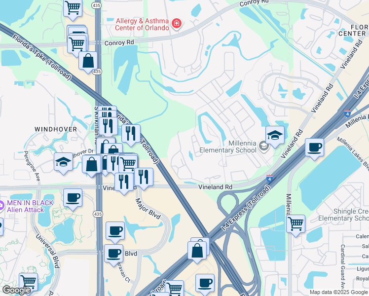 map of restaurants, bars, coffee shops, grocery stores, and more near 5459 Vineland Road in Orlando