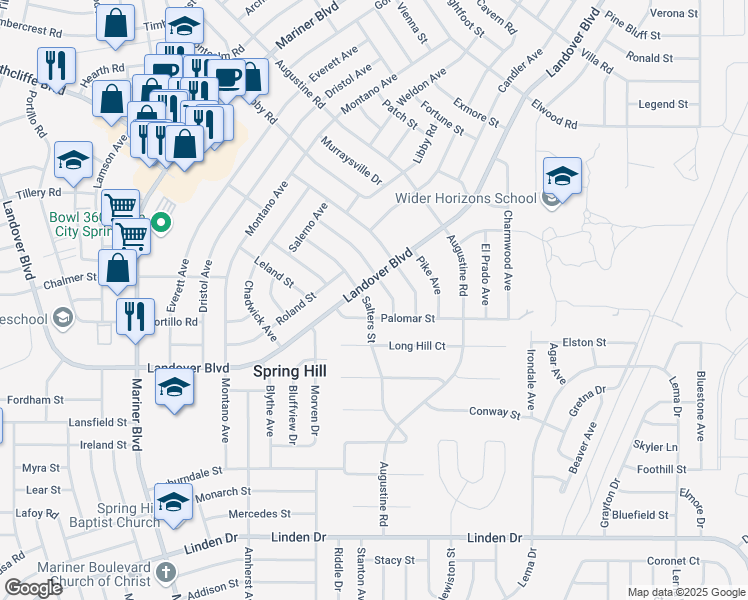 map of restaurants, bars, coffee shops, grocery stores, and more near 11375 Salters Street in Spring Hill