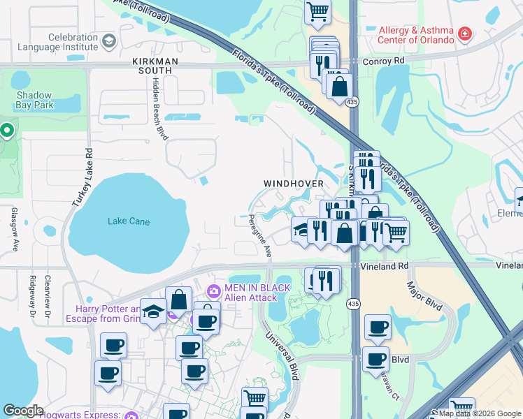 map of restaurants, bars, coffee shops, grocery stores, and more near 6090 Peregrine Avenue in Orlando