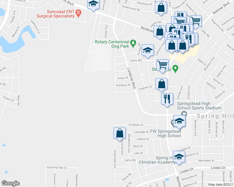 map of restaurants, bars, coffee shops, grocery stores, and more near 10302 Chalmer Street in Spring Hill