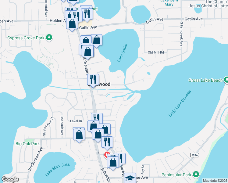 map of restaurants, bars, coffee shops, grocery stores, and more near 476 Harbour Island Road in Orlando