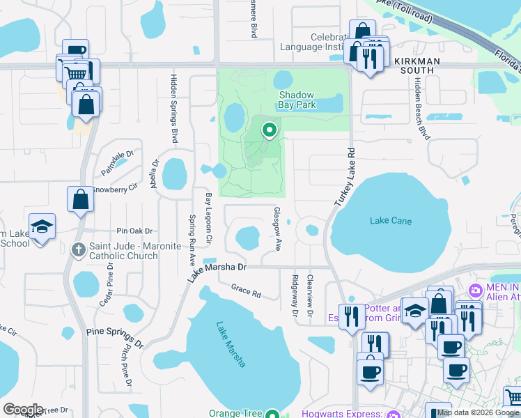 map of restaurants, bars, coffee shops, grocery stores, and more near 7281 Glasgow Avenue in Orlando
