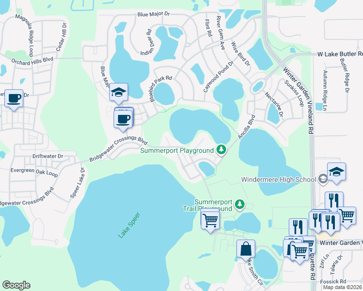map of restaurants, bars, coffee shops, grocery stores, and more near 14163 Bridgewater Crossings Boulevard in Windermere