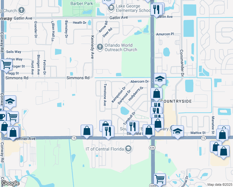 map of restaurants, bars, coffee shops, grocery stores, and more near 4654 Kempston Court in Orlando