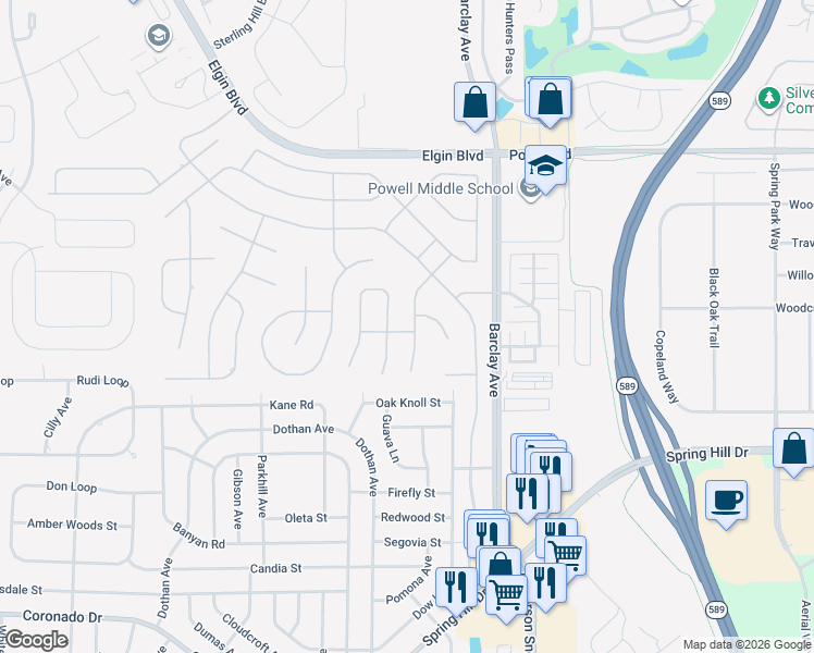 map of restaurants, bars, coffee shops, grocery stores, and more near 3527 Conifer Loop in Spring Hill