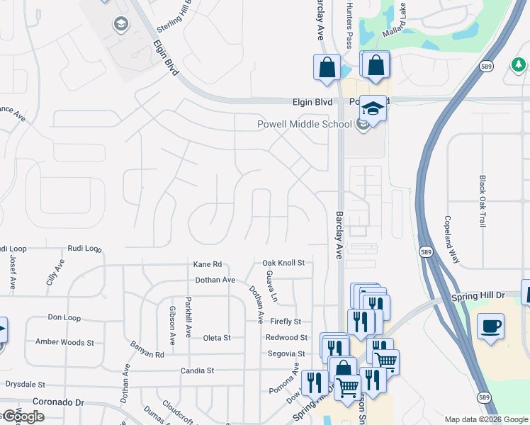 map of restaurants, bars, coffee shops, grocery stores, and more near 3462 Conifer Loop in Spring Hill