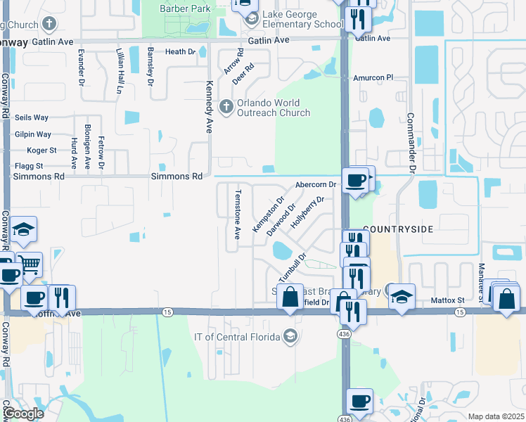 map of restaurants, bars, coffee shops, grocery stores, and more near 4654 Kempston Court in Orlando
