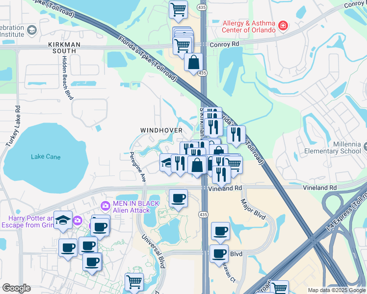 map of restaurants, bars, coffee shops, grocery stores, and more near 5949 Windhover Drive in Orlando