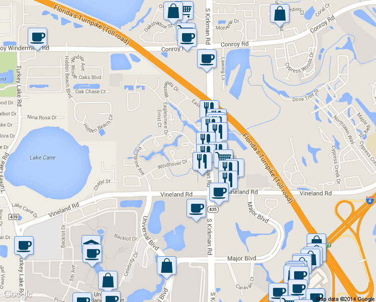 map of restaurants, bars, coffee shops, grocery stores, and more near 6090 Peregrine Ave in Orlando