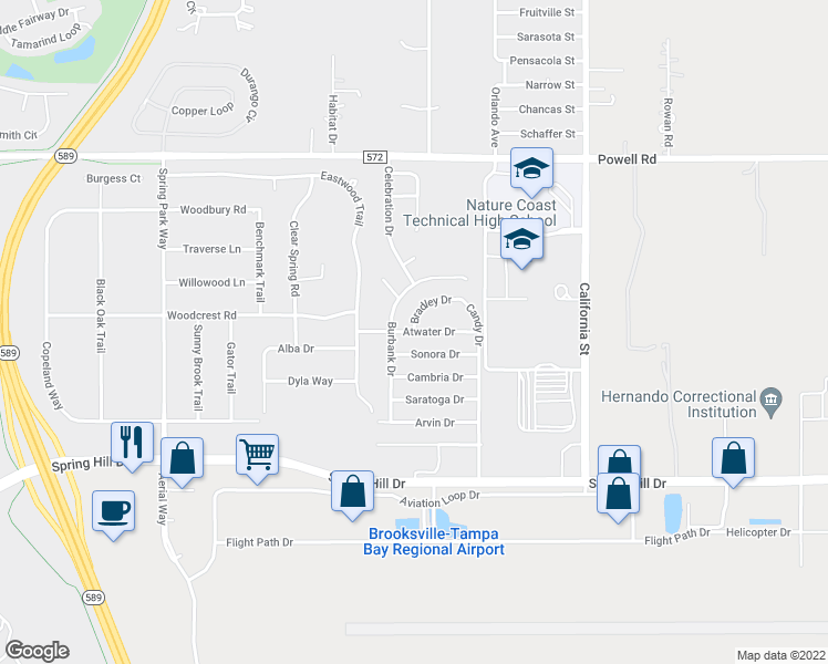 map of restaurants, bars, coffee shops, grocery stores, and more near Atwater Drive in Spring Hill