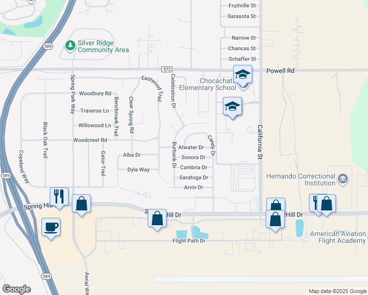 map of restaurants, bars, coffee shops, grocery stores, and more near 15432 Atwater Drive in Spring Hill