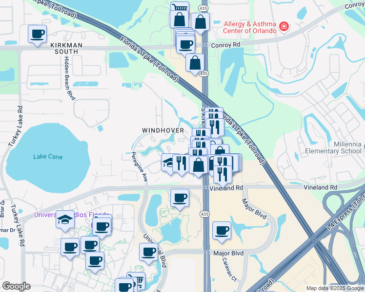 map of restaurants, bars, coffee shops, grocery stores, and more near 5942 Peregrine Avenue in Orlando