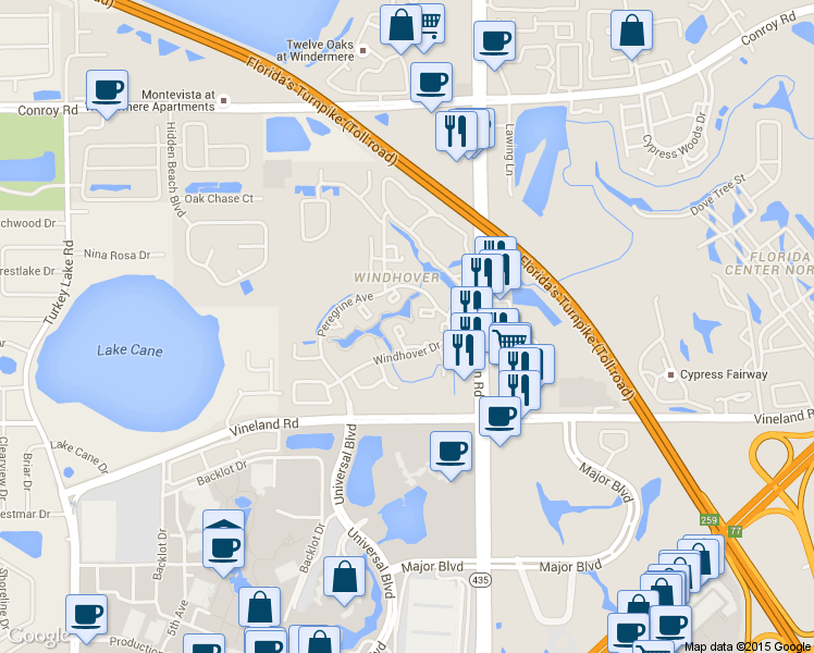 map of restaurants, bars, coffee shops, grocery stores, and more near 5899 Windhover Drive in Orlando
