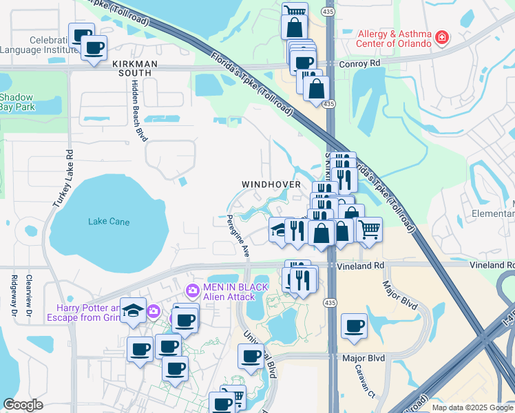 map of restaurants, bars, coffee shops, grocery stores, and more near 6062 Peregrine Avenue in Orlando