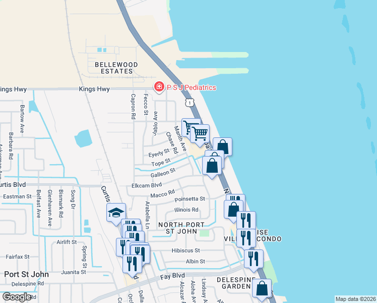 map of restaurants, bars, coffee shops, grocery stores, and more near 233 Manth Avenue in Cocoa