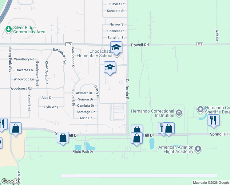 map of restaurants, bars, coffee shops, grocery stores, and more near 4057 California Street in Brooksville
