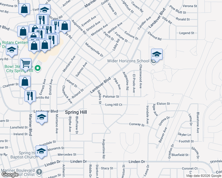 map of restaurants, bars, coffee shops, grocery stores, and more near 11444 Pickford Street in Spring Hill