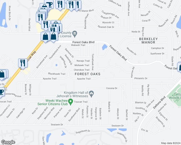 map of restaurants, bars, coffee shops, grocery stores, and more near 8011 Blackhawk Trail in Spring Hill