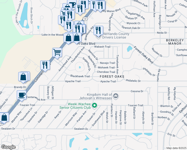 map of restaurants, bars, coffee shops, grocery stores, and more near 3470 Redwing Drive in Spring Hill